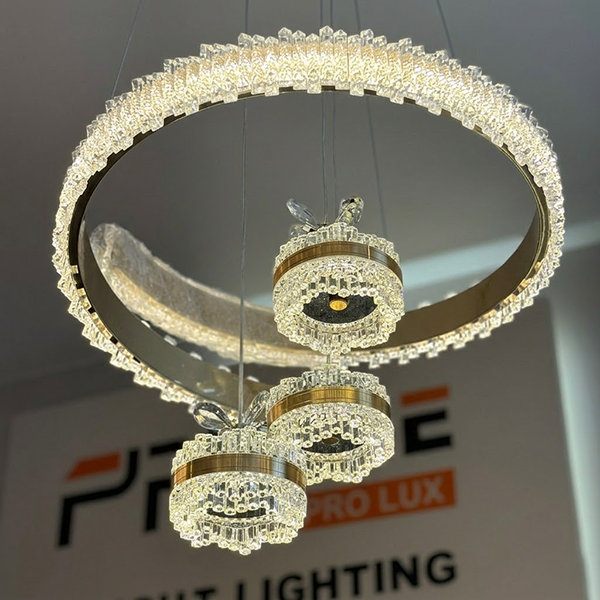Modern LED Ring Chandelier with 3 Floating Crystal Cylinders