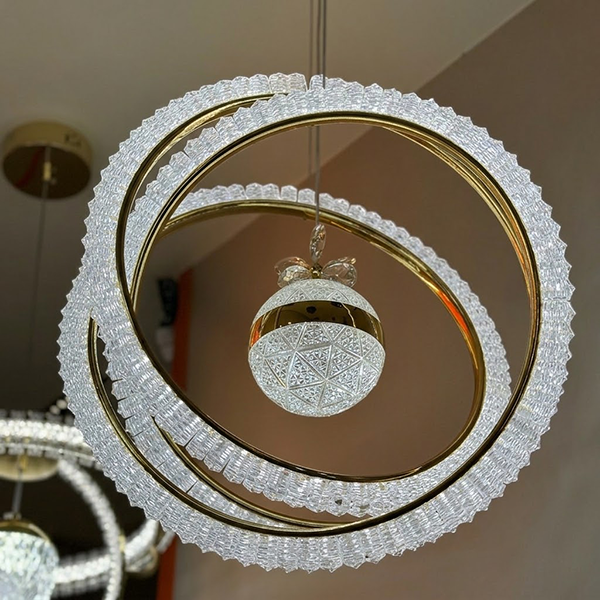 Modern Dual-Ring Crystal LED Chandelier with Center Sphere