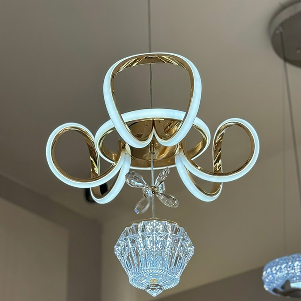 Modern Curved LED Chandelier with Crystal Pendant